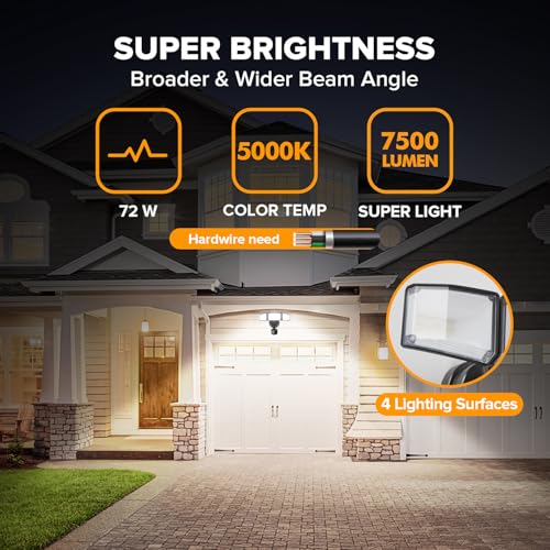 LUTEC 72W 7500LM LED Security Lights Motion Sensor Light Outdoor, 5000K Daylight, IP65 Waterproof, Dusk to Dawn, 3-Head Motion Detected Flood Light for Garage, Yard, Porch(Black) - color: Black, size: 1 Pack