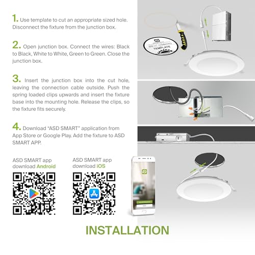 ASD 1 Pack LED Smart Recessed Lighting 6 Inch 12W, RGBW Color Changing Lights, Compatible with Alexa & Google Assistant, Dimmable 2700K-6500K Selectable RGB Lights, WiFi Bluetooth Ceiling Light, ETL - color: White, size: 6 Inch 1 Pack
