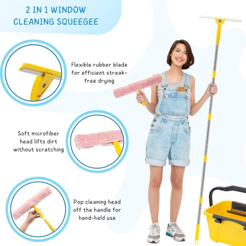 Professional Window Cleaning Kit with 3 Gallon Bucket, 6 Ft Long Handle Glasses Cleaner Squeegee with Spray Bottle and Scrubber for Home and Commercial Use, Car Windshield Washing Tool, Yellow - color: Yellow