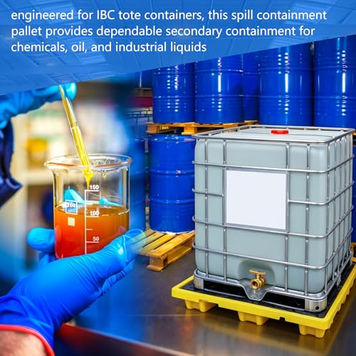 BreezeHug IBC Spill Containment Pallet with Drain, IBC Tote Secondary Containment Sump Pallet, 45 Gallon Capacity, Heavy Duty Hdpe Spill Tray 8818 Lbs Load, 51.2 x 51.2 x 6.7 Inch, Yellow