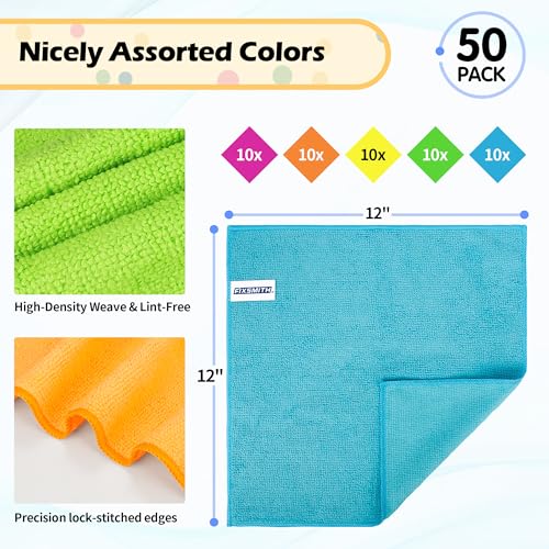 FIXSMITH Microfiber Cleaning Cloth, 50 Pack Cleaning Rags, Cleaning Towels for Housekeeping, Kitchen, Car, Lint-Free, Reusable Shop Towels with 5 Colors (Green/Blue/Yellow/Orange/Pink), 12"X12" - color: 5 Colors Assorted, size: 50pk