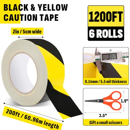 6 Roll Black & Yellow Caution Tape, 2in x 1200 FT Total Length Safety Tape - size: 2 inch x 200 feet x 6 rolls