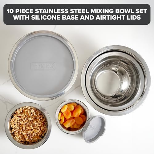 Viking Mixing Bowls Set, 10 Piece Stainless Steel Kitchen Cookware, Non-Slip Silicone Base, Includes Tight Fit Lids, Dishwasher Safe, Grey - color: Gray