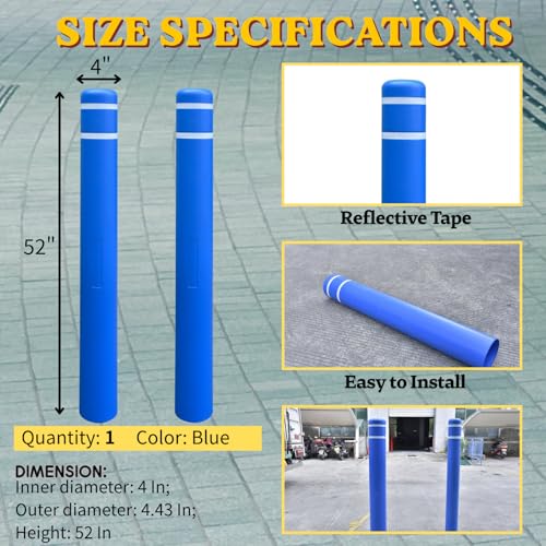 Durable Bollard Cover - Heavy Duty Waterproof Weather Resistant,High Visibility Bollard Post Sleeve with Reflective Tape for Indoor/Outdoor Parking Lot, Warehouse,Walkways(4" Dia X 52" H, Blue) - color: Blue, size: 4" X 52"