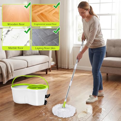 Masthome 360° Spin Mop Bucket 3 Microfiber Pads for Hardwood Floors - color: White