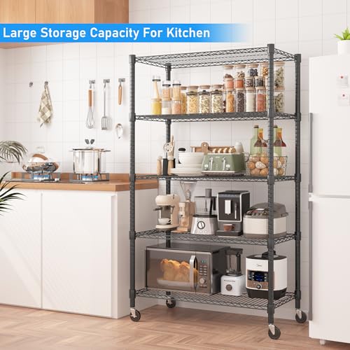 Homdox Heavy Duty Storage Shelves, 5 Tier Wire Shelving Unit with Wheels, Commercial Adjustable Metal Shelves for Storage, Garage Rack Pantry Shelves Kitchen Shelving, 18"x36"x82", Black - color: Black, size: 18"Dx 36"Wx 82"H, 5 Tier