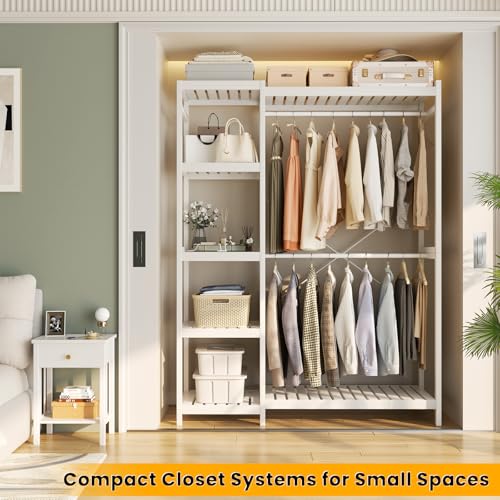 Homykic Bamboo Clothing Rack with 7 Adjustable Shelves, 2 Hang Rods, White - color: White, size: II Medium