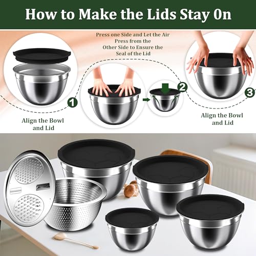 Nicdiet Mixing Bowls with Lids Set, 16PCS Stainless Steel Mixing Bowls,Nesting Storage Bowls for Kitchen with Mixing Bowl, Colander, Strainer & Grater, Metal Salad Bowl for Kitchen Gadgets, Black - color: Jet Black