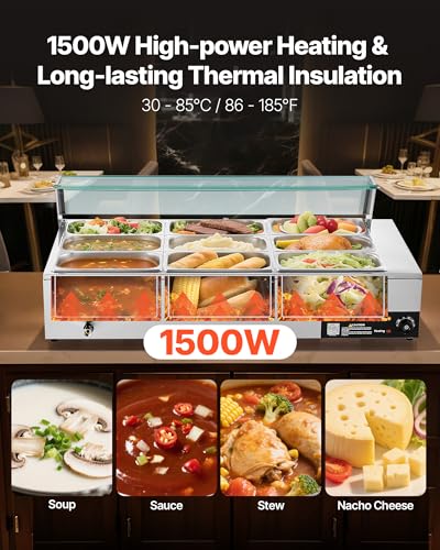 VEVOR Commercial Food Warmer, 1500W Electric Stainless Steel Steam Food Warmer with Glass Cover, 9-Pan Countertop Buffet Bain Marie with Soup & Perforated Ladles, for Catering, Restaurant & Party - size: 9x1/3Pan;72QT