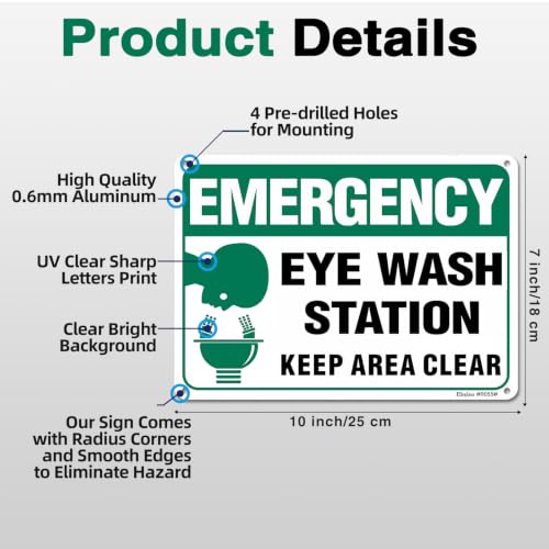 2 Pack Emergency Eye Wash Station Sign,23.6 mil Rust-Free Aluminum Safety Sign with Pre-Drilled Holes 10"x7" Fade Proof & Waterproof,Indoor/Outdoor Use (2, 10"x7")