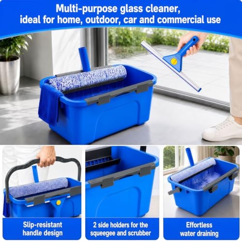 Window Cleaning Kit - 3 Gal Bucket, 15" Microfiber Scrubber & Chenille Sleeve, 14" Squeegee with 79" Extension Pole, Metal Scraper, Indoor & Outdoor Window Tools for Home & Commercial Use