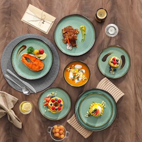 vancasso Plates and Bowls Sets, 24 Pieces Stoneware Dinnerware Sets for 8, Kitchen Dish Set Mircowave and Dishwasher Safe Ceramic Dishware, Turf Green, Series AMBER - color: Turf Green