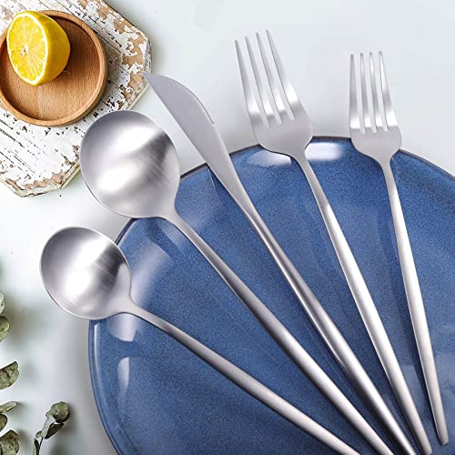 MIKIWAY 60-Piece Silverware Set for 12, Stainless Steel Flatware, Matte Cutlery Tableware, Kitchen Utensils Include Spoons and Forks, Satin Polished, Dishwasher Safe - color: Silver