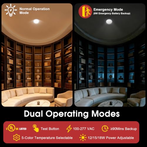 6 Inch Recessed Led Light with 90 Min Emergency Battery Backup,5CCT Dimmable Emergency Downlight,12W/15W/18W Tunable Canless Recessed Light, Commercial Ceiling Lights 100-277V,UL Damp Rated (1 Pack) - color: 1 Pack