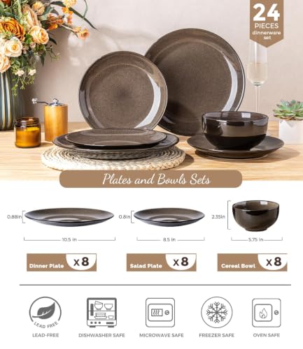 LeRatio Ceramic Dinnerware Sets for 8,24Pcs Porcelain Plates and Bowls Set - color: Dreamy Moonlight-Chestnut, size: Service for 8-24pcs