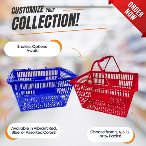 Stackable Plastic Shopping Baskets, Red and Blue, Easy-Grip Handles for Grocery, Retail, Liquor Stores, Home Use (6-pack, Red & Blue Assorted) - color: Red & Blue Assorted, size: 6-pack