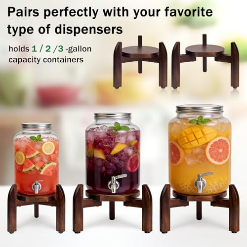 Drink Dispenser Stand Adjustable Width for 5-Gal Jugs & Beverage Jars with Round Flat Tray - Sturdy Walnut Holder for Water Coolers, Plant Pots (Walnut wood color)