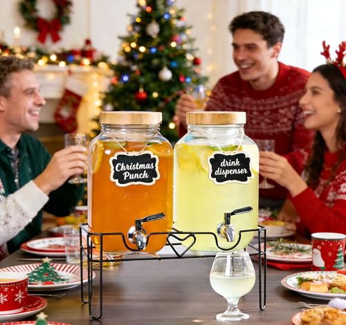 2 Pack 1 Gallon Glass Drink Dispensers for Parties with Stand, Fruit Infusers, Bamboo Lids and Stainless Steel Spigots, Beverage Dispenser Set for Lemonade, Juice, Iced Tea,Kombucha(Natural) - color: Natural