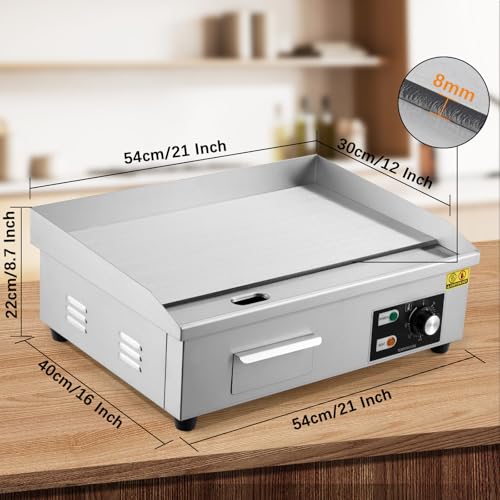 21 Inch Commercial Electric Griddle - 1600W Stainless Steel Flat Top Teppanyaki Grill - Non-Stick, Adjustable Temp 122-572℉, Countertop BBQ for Breakfast, Pancakes, Bacon, Restaurant Grade