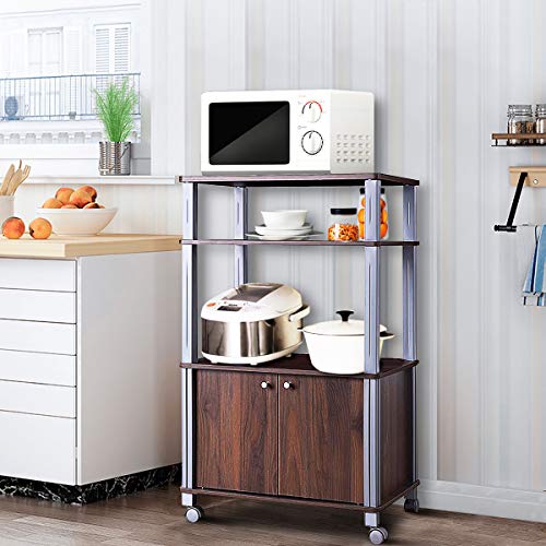 GIANTEX Rolling Kitchen Bakers Rack Microwave Oven Stand Utility Shelf on Wheels Storage Cart Spice Workstation Organizer with 2-Tier Shelf and Cabinet, Kitchen or Dining Room Furniture (Walnut) - color: Walnut