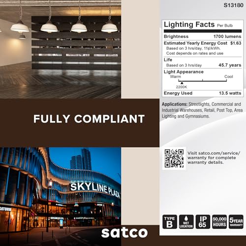 Satco S13180 13.5W LED HID Replacement Bulb, ED17, 2200K, Medium Base (E26), Clear Lens, 120-277V, Ballast Bypass, Enclosed Fixture Rated, High Lumen Output for Outdoor and Commercial Use (20 Pack)