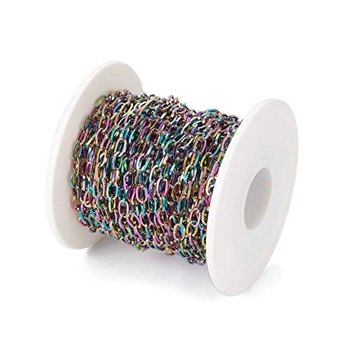 Craftdady 32.8 Feet Stainless Steel Cable Chain Link Multi-Color Unwelded Flat Oval Cross Chain 6.5x3.5mm with Spool for Jewelry Pendant Necklace Bracelet Making - color: Multi-Colors, 10 Meters, 6.5x3.5mm