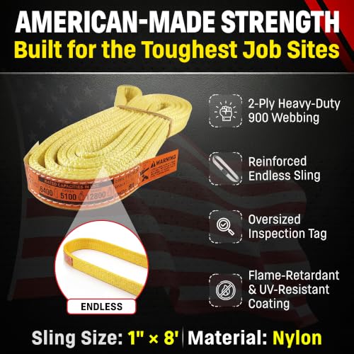 DD Sling (USA Made) 1" & 2" Widths by 4' to 12' Lengths In Listing, 2 Ply, Endless Nylon Lifting Slings, (900 webbing), 6,400 lbs Vertical, 5,100 lbs Choker, 12,800 lbs Basket (USA Made Nylon) (1"x8') - size: 1"x8'