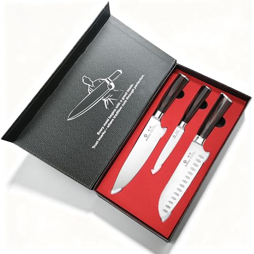 imarku 3 Pieces Knife Set, Japanese High Carbon Stainless Steel Chef Knives - color: Red Brown