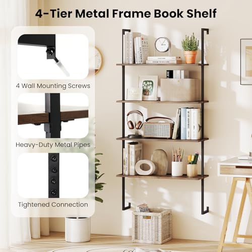 Tangkula 4-Tier Wall Mounted Bookshelf, Wood Ladder Shelf - color: Brown