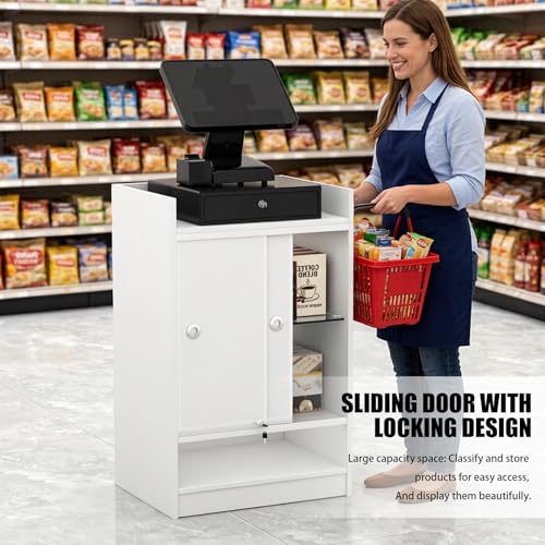 24" W x 18" D x 38" H - White Retail Cash Register Stand Cash Wrap Checkout Desk Portable Counter Podium Stand with Glass Shelving Case for Retail Store, Meetings Reception - color: White
