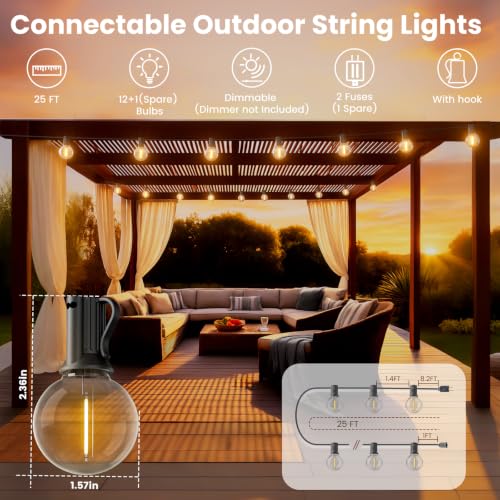 RTTY 25 FT Outdoor String Lights, Waterproof Patio Light 13 LED Bulbs - size: 25FT