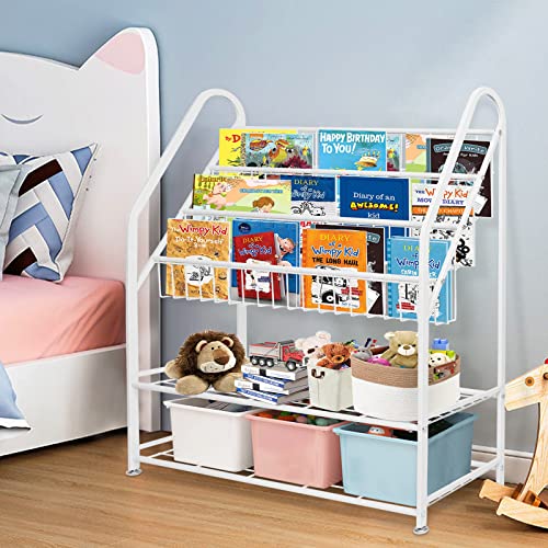 aboxoo Metal Kids Bookshelf Freestanding Bookcase for Children Room 32 in Large Toy Organizer Modern MinimalistWhite Stable Metel Bookstore Bedroom, Living, Library Book Unit Storage - color: White, size: Large