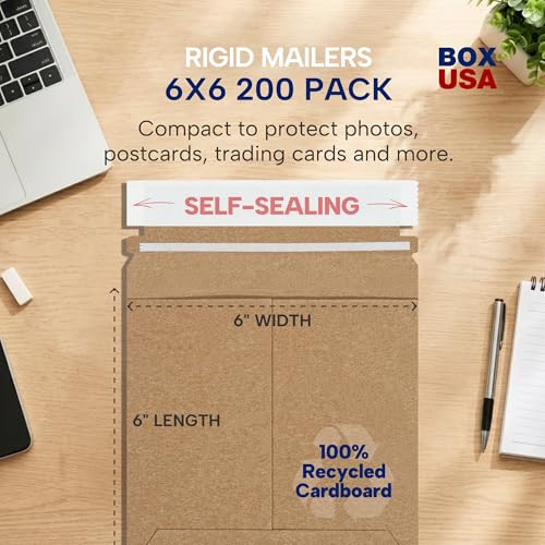 Tape Logic 6 x 6' Stayflats Brand Rigid Flat Mailers, Kraft (Pack of 200) Photo Document Mailers, Peel & Seal Closure, Tear Strip Easy Opening. - size: 6" x 6"