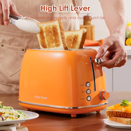Roter Mond 2 Slice Toaster Retro Stainless Steel with Bagel, Cancel, and Defrost Functions, 6 Bread Shade Settings, Extra Wide Slots and Removable Crumb Tray, Orange - color: Orange