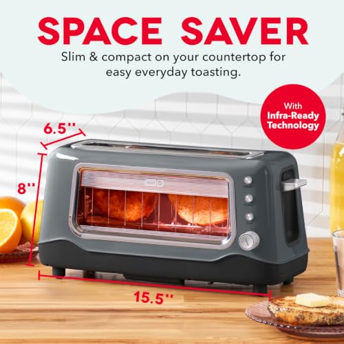 DASH Clear View Toaster: Extra Wide Slot Toaster with See Through Window - Defrost, Reheat + Auto Shut Off Feature for Bagels, Specialty Breads & other Baked Goods - Grey - color: Gray