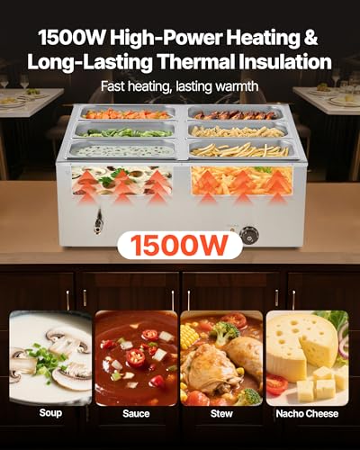 VEVOR Commercial Food Warmer, 1500W Electric Stainless Steel Steam Food Warmer with Lid, 6-Pan Fast Heating Countertop Buffet Bain Marie with Soup & Perforated Ladles, for Catering, Restaurant, Party - size: 6x1/3Pan ;48QT