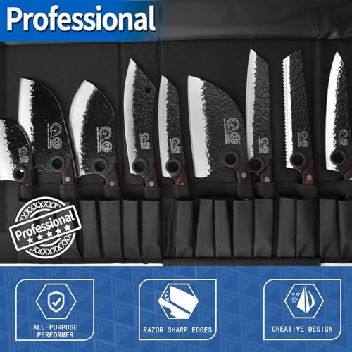 XYJ Professional Serbian Chef Knife Set with Roll Bag - color: Coffee