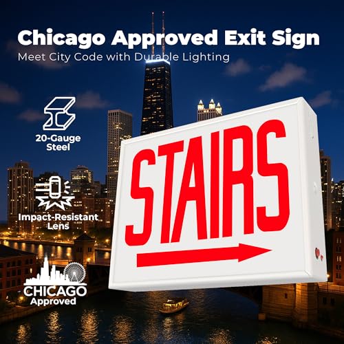 LFI Lights® Chicago Approved Exit Sign, UL 924 Listed, (Stairs Right Arrow), Red LED, White, Steel Housing, Glass Panel, 120-277VAC Wall, Ceiling or Side Mount, Hardwired with Battery Backup CHEXRWBBSTAIRRA - style: STAIRS Right Arrow