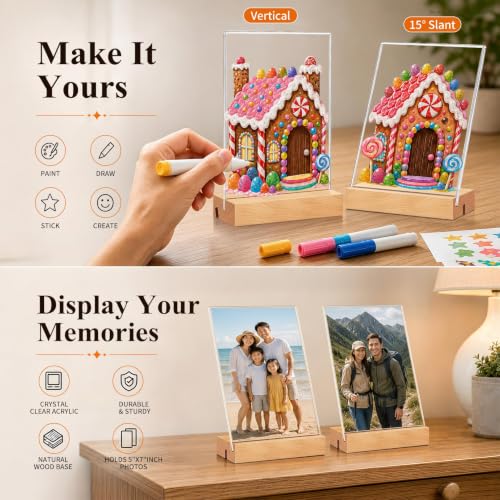 Acrylic Sign Holder with Wood Base, 4 Pack Vertical/Slant Acrylic Display - color: Natural, size: 4"x6"