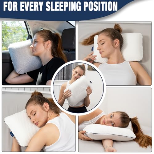 alkamto Travel & Camping Comfortable Memory Foam Pillow – Easy to Carry Portable Bag – Temperature Regulating Pillow Case - size: 15.7 x 10.6 x 3.9 In - White + Extra Cover