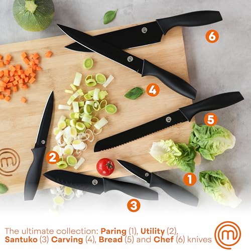 MasterChef Knife Set with Block, 6 Kitchen Knives and a Universal Knife Holder, Extra Sharp Stainless Steel Blades for Precise Cutting with Non Stick Coating & Soft Touch Easy Grip Handles, Black - color: Negro, style: Knives with Block
