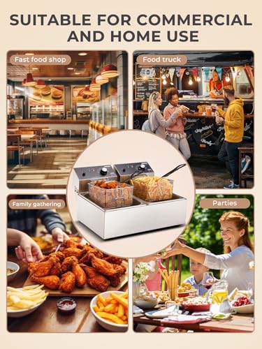 HOUSNAT Commercial Deep Fryer with Basket, 3400W 20.7QT/19.6L Electric Deep Fryer with 2 x 6.35 QT Removable Baskets, Stainless Steel Countertop Fryer for Restaurant or Home Use