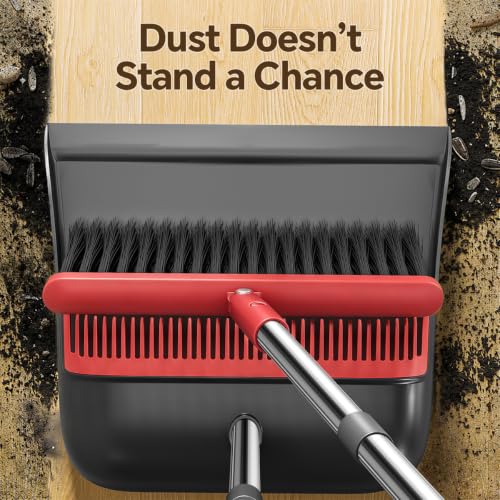 Broom and Dustpan Set, 52" Long Handle with Dust Pan Teeth, Red - color: Black & Red