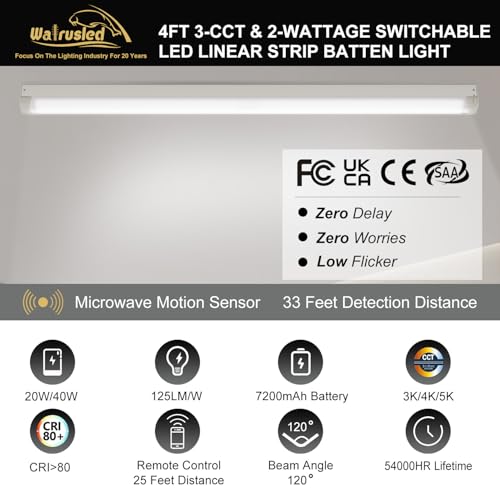 4FT Tri-Level Motion Sensor LED Linear Strip 20W Emergency Output Stairwell Light w/Remote, CCT 20W/40W 125lm/w, Battery Backup, 30K/40K/50K, Dimmable 4 Foot Commercial Shop Ceiling Light Fixture, FCC - size: 4FT 20W 2500lm EM Output