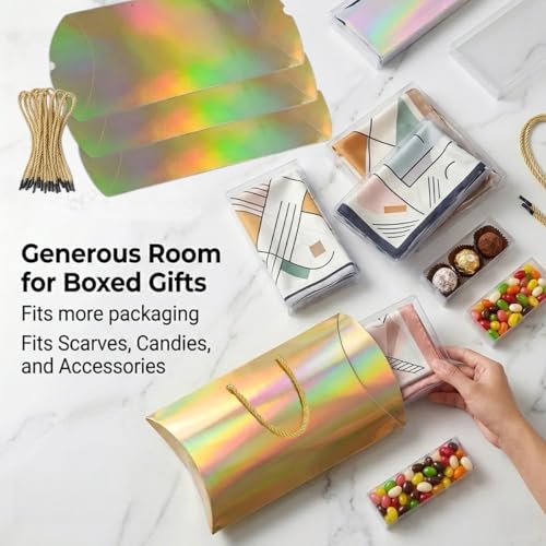 Rowcay 3 Pack Large Empty Holographic Gold Pillow Gift Boxes with Handles - color: 3-Laser Gold-3P