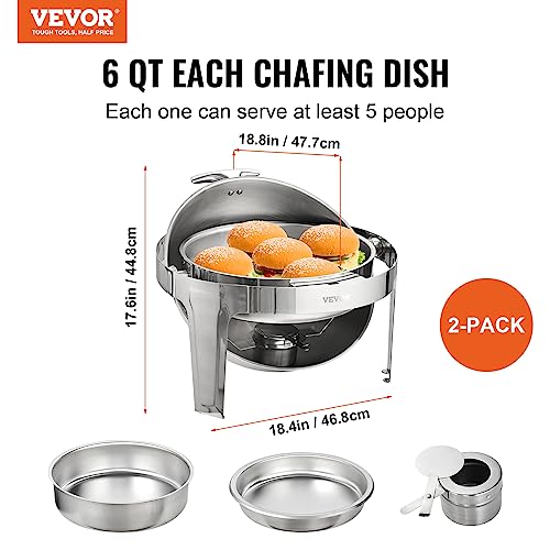 VEVOR Roll Top Chafing Dish Buffet Set, 6 Qt 2 Pack, Stainless Steel Chafer with 2 Full Size Pans, Round Catering Warmer Server with Lid Water Pan Stand Fuel Holder, for at Least 5 People Each - color: Silver, size: 6 Qt 2 Pack