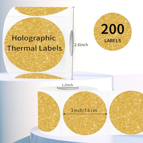 3" Holographic Direct Thermal Label Stickers, Round Printable Rainbow Glitter Thermal Printer Sticker Labels for Gift Wrapping, Self-Adhesive DIY Custom Logo Design- Shiny Gold - color: Holographic Shiny Gold, size: 3 inch