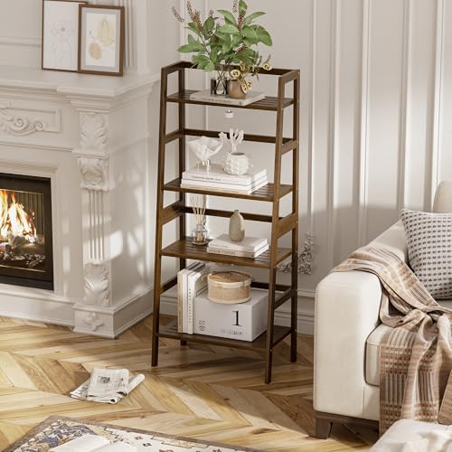 HITNET Ladder Shelf, 4-Tier Bamboo Bookshelf, Freestanding Open Display Storage Rack, Space Saving Flower Plant Display Stand for Bathroom Living Room, Walnut - color: Walnut