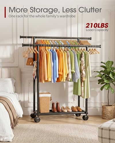 Sakugi Rolling Double Rod Clothes Rack with Shelf, 39" x 17" x 60", Black - color: Black, size: 39" x 17" x 60"