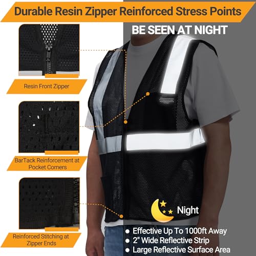 AYKRM 2 Pocket Mesh High Visibility Reflective Safety Vest for men & Women ANSI/ISEA 107 Standards - color: Black, size: XX-Large